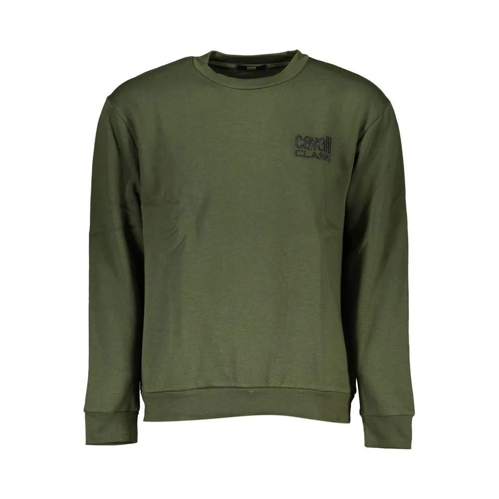 Cavalli Class Chic Green Embroidered Crew Neck Sweater