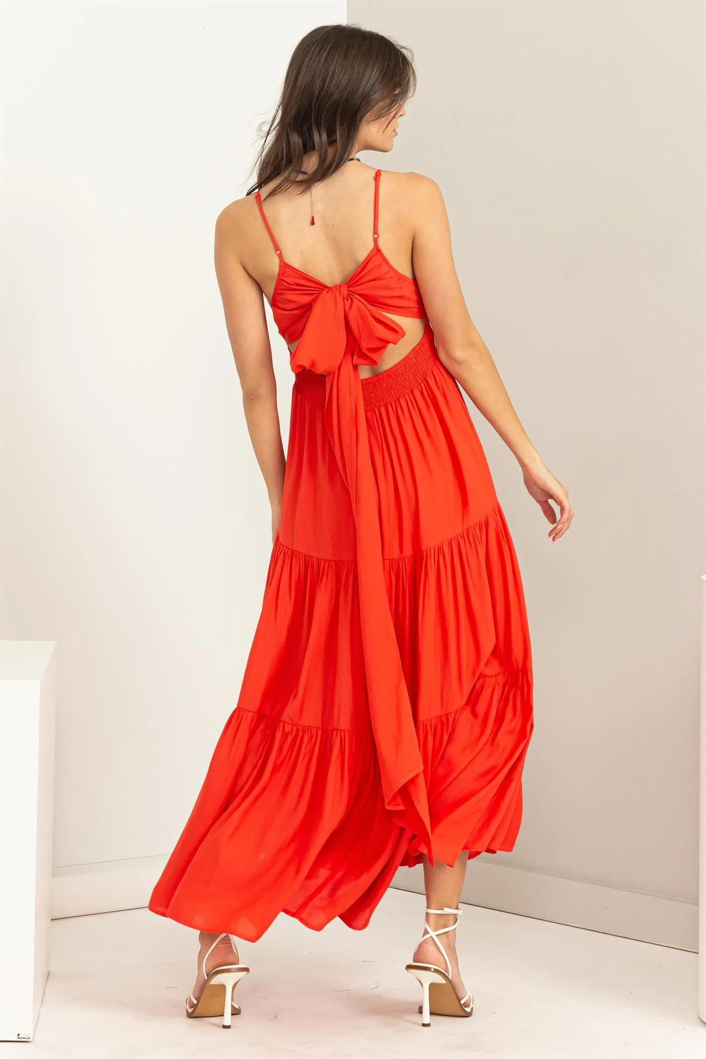 Chase Around Tie-Back Ruffle Maxi Dress