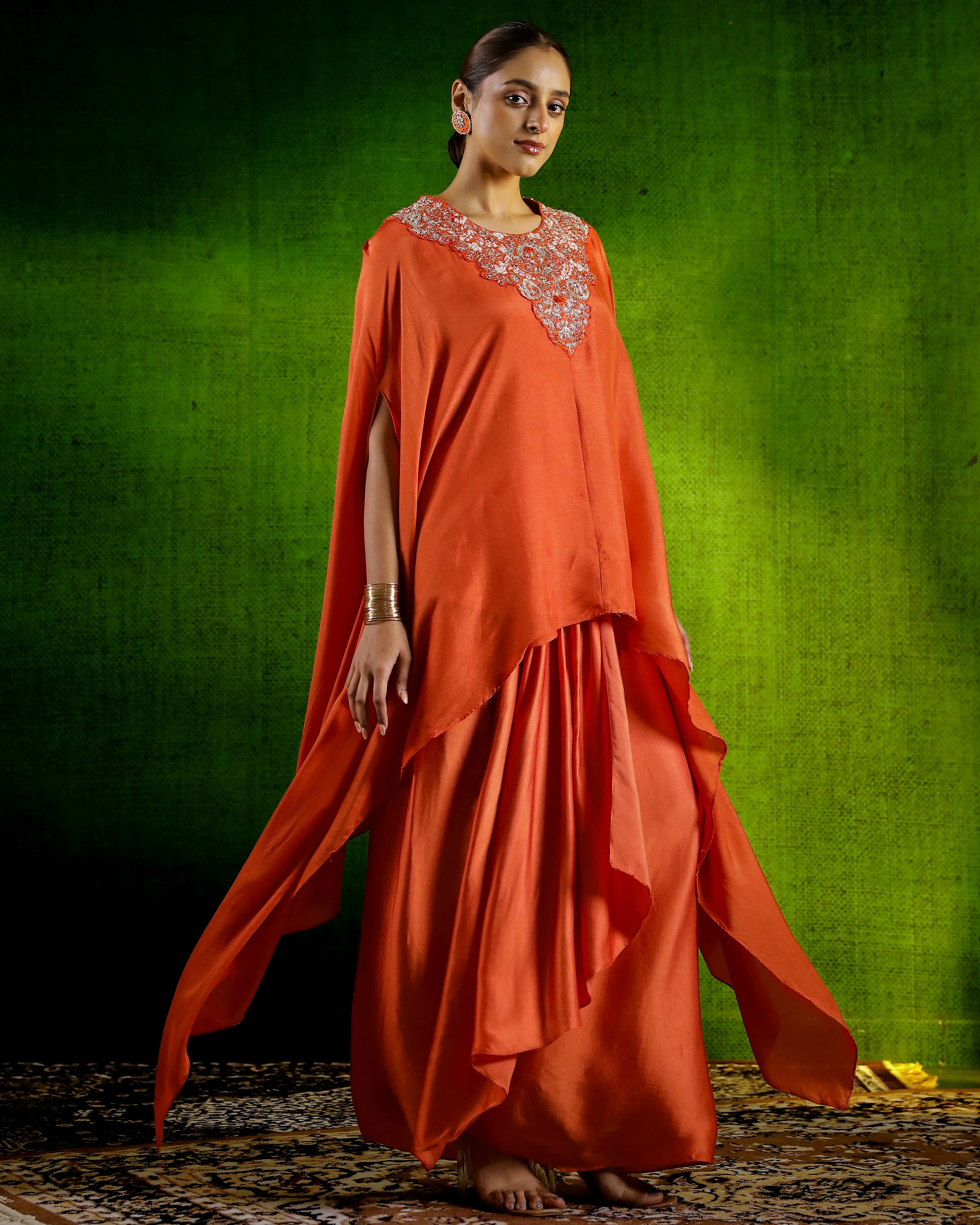 Chic Orange Asymmetrical Raw Silk Skirt Set