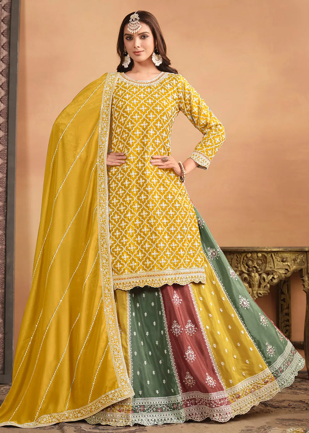 Chinnon Yellow Multicolor Embroidered Lehenga Style Suit