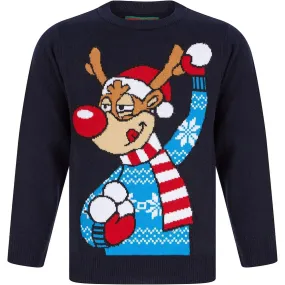 Christmas Reindeer Snow Junior Christmas Jumper - Navy