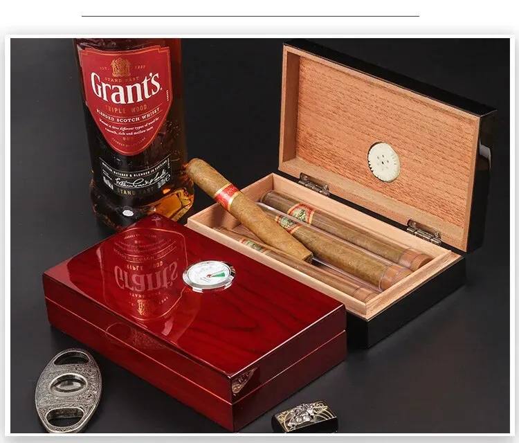 Cigar Case Cuban Humidor 4pcs Portable Cigar Travel Meter Baked Lacquer Double Layer Cedar Wood