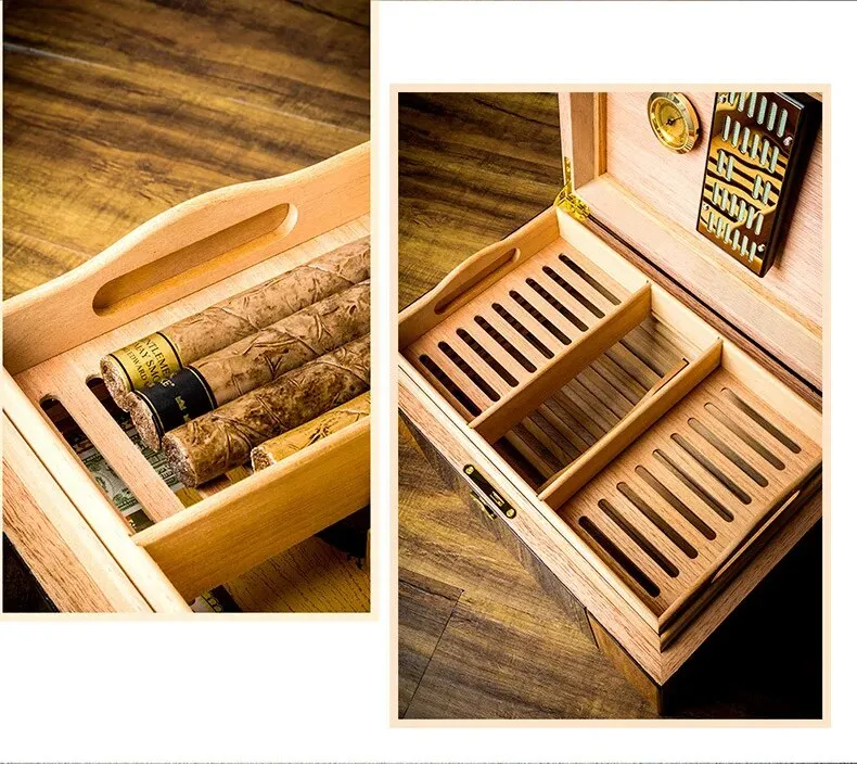 Cohiba Large Capacity Cigar Humidor Humidity Meter Baked Lacquer Applique Double Layer Cedar Wood