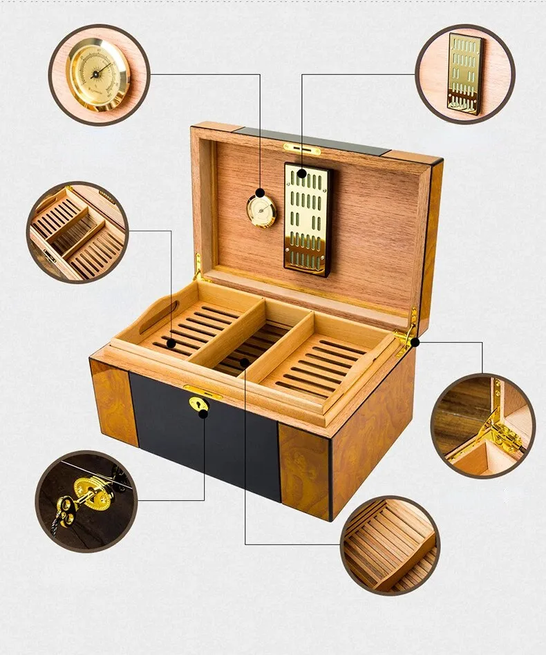 Cohiba Large Capacity Cigar Humidor Humidity Meter Baked Lacquer Applique Double Layer Cedar Wood