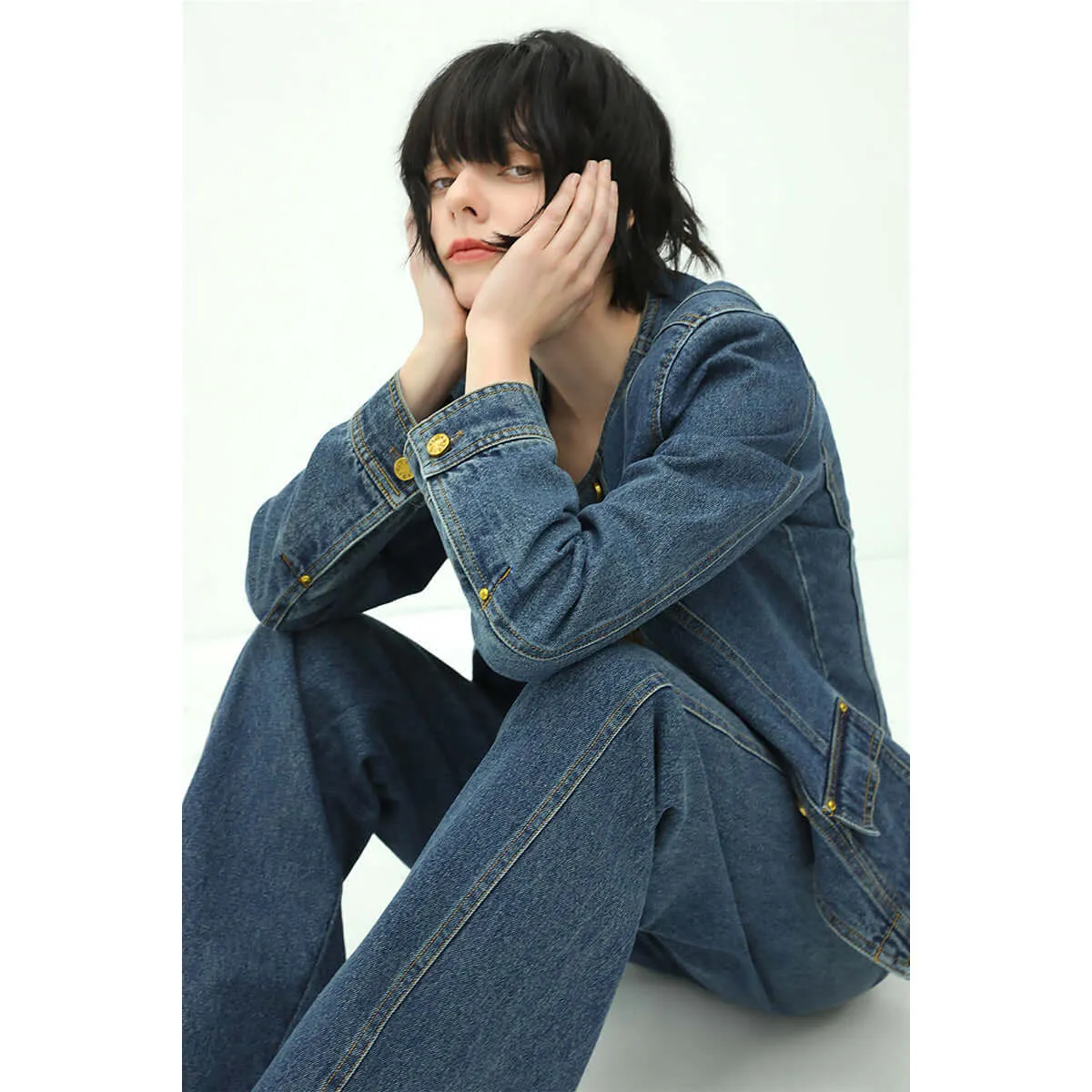 Collarless Blue Denim Jacket