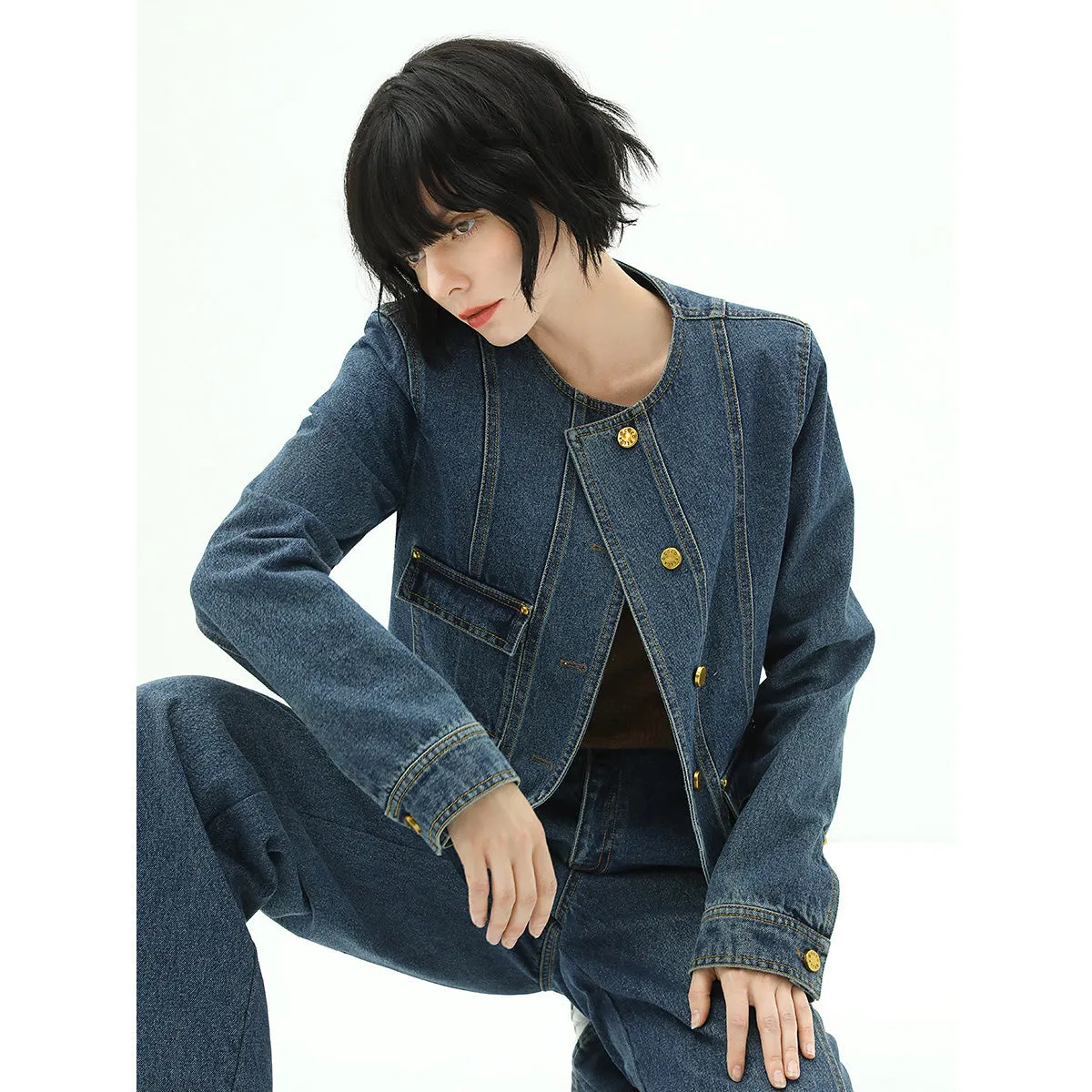 Collarless Blue Denim Jacket