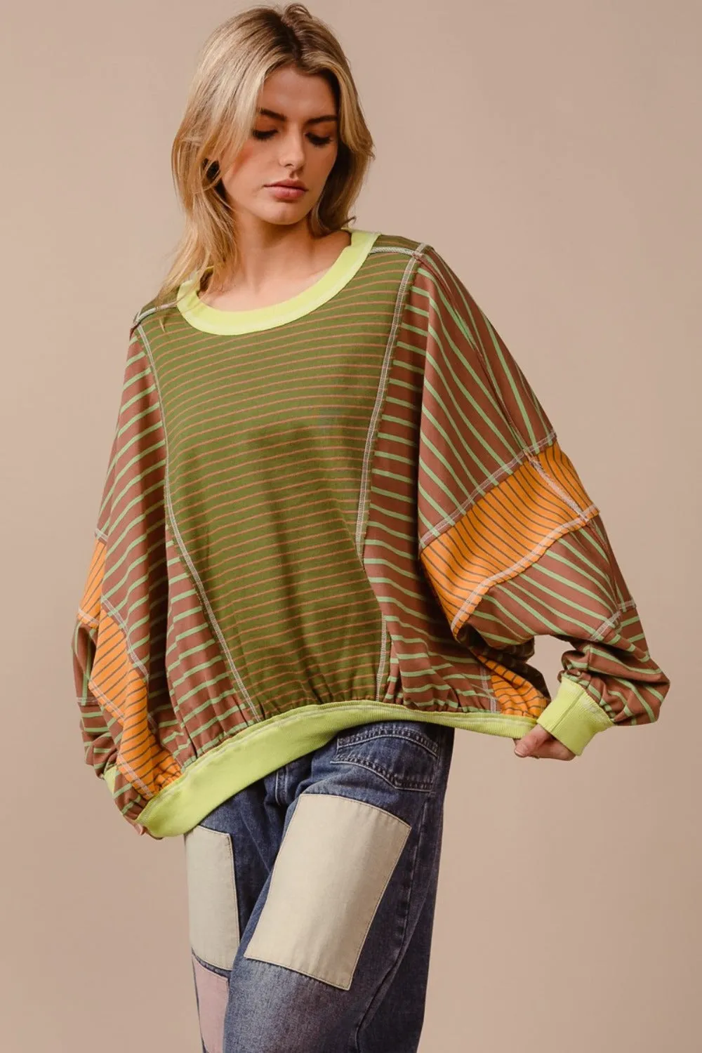 Color Block Striped Round Neck Sweatshirt