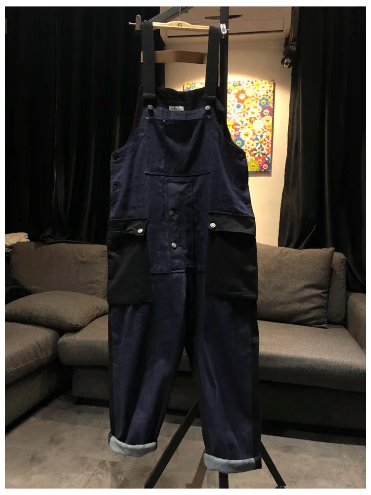 Colorblock Denim Overalls Safari Style Multi Pocket Cargo Jeans Men's Casual Work Pants