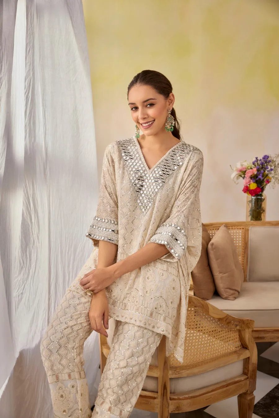 Cream Chic Chikankari Embroidered Kaftan Tunic Co-Ord Set