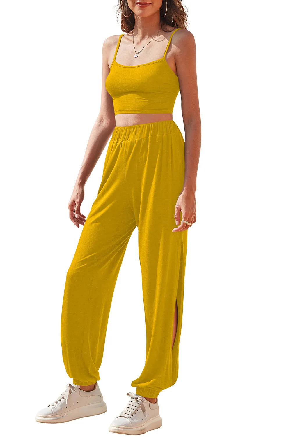 Cropped Cami and Side Split Joggers Set - 4 colors