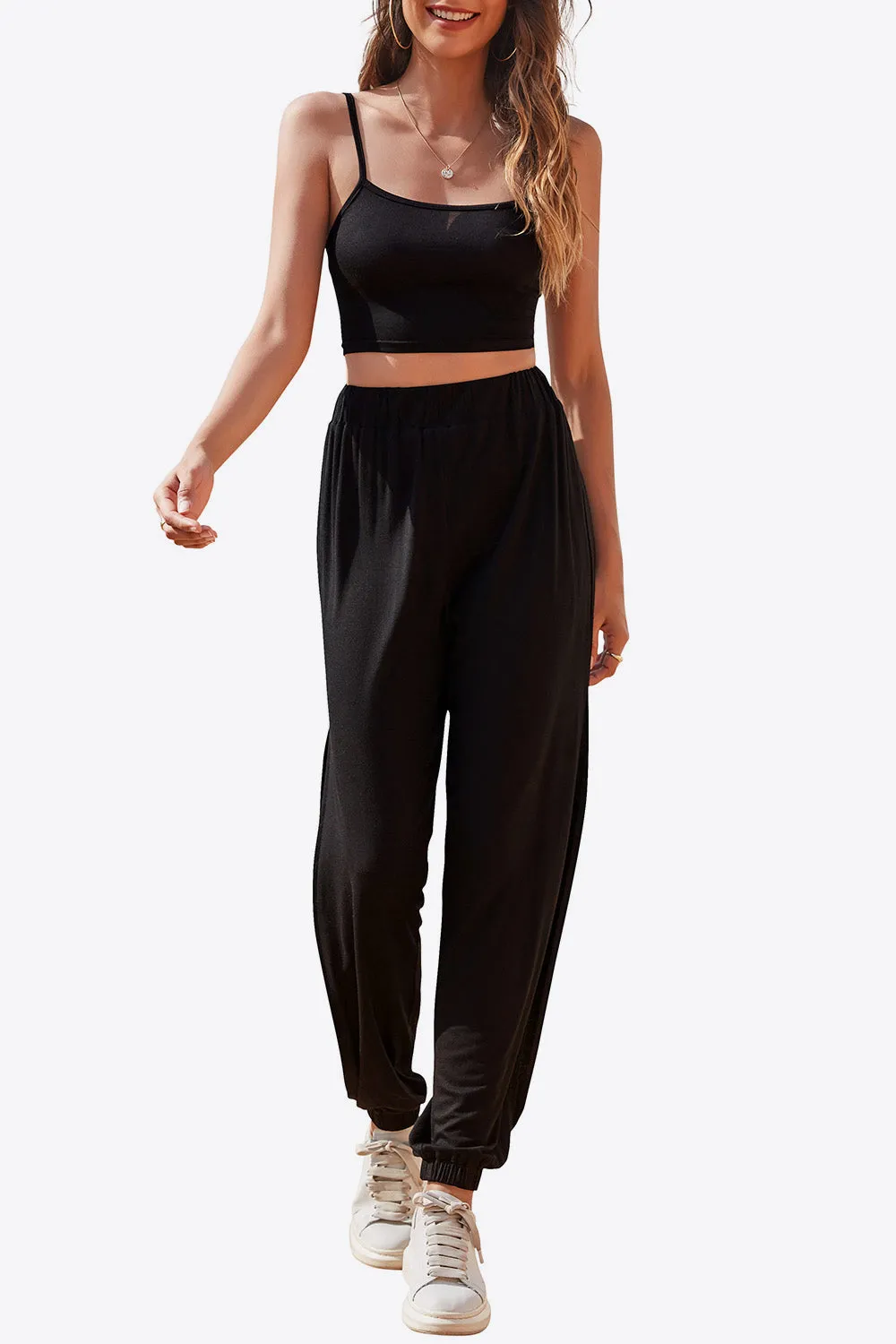 Cropped Cami and Side Split Joggers Set - 4 colors