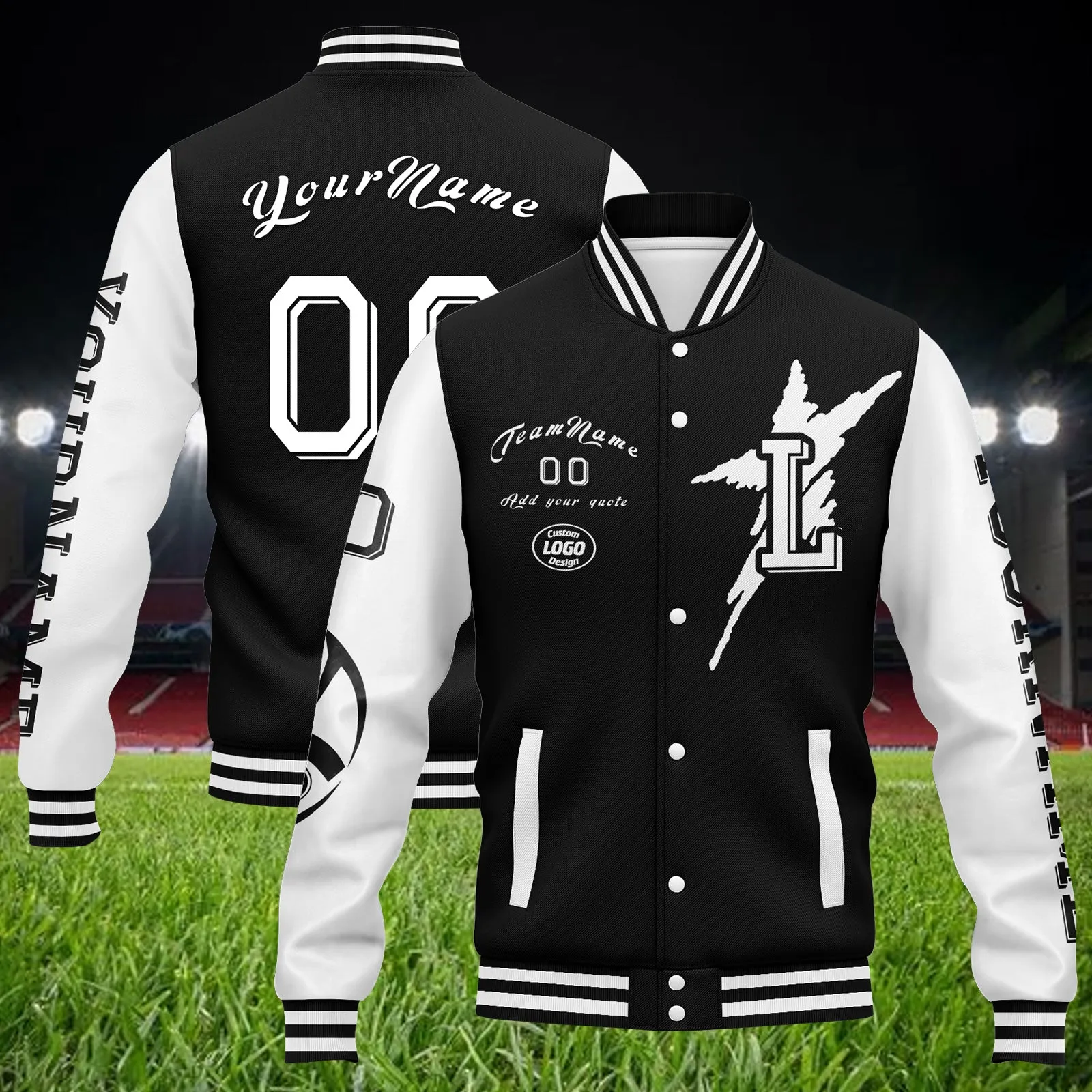 Custom Black White Las Vegas Jacket Bomber Full-Snap Varsity Letterman Personalized Jacket FZ005SX-D020290-20