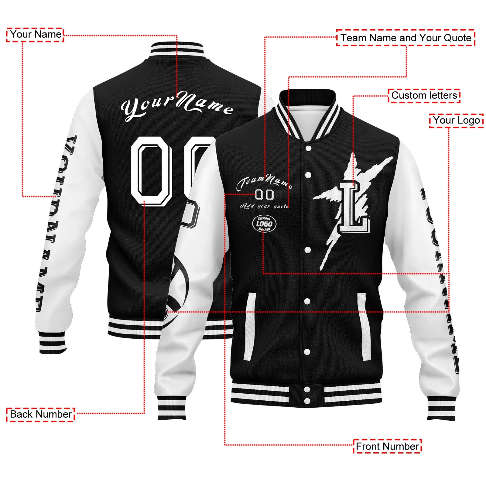 Custom Black White Las Vegas Jacket Bomber Full-Snap Varsity Letterman Personalized Jacket FZ005SX-D020290-20