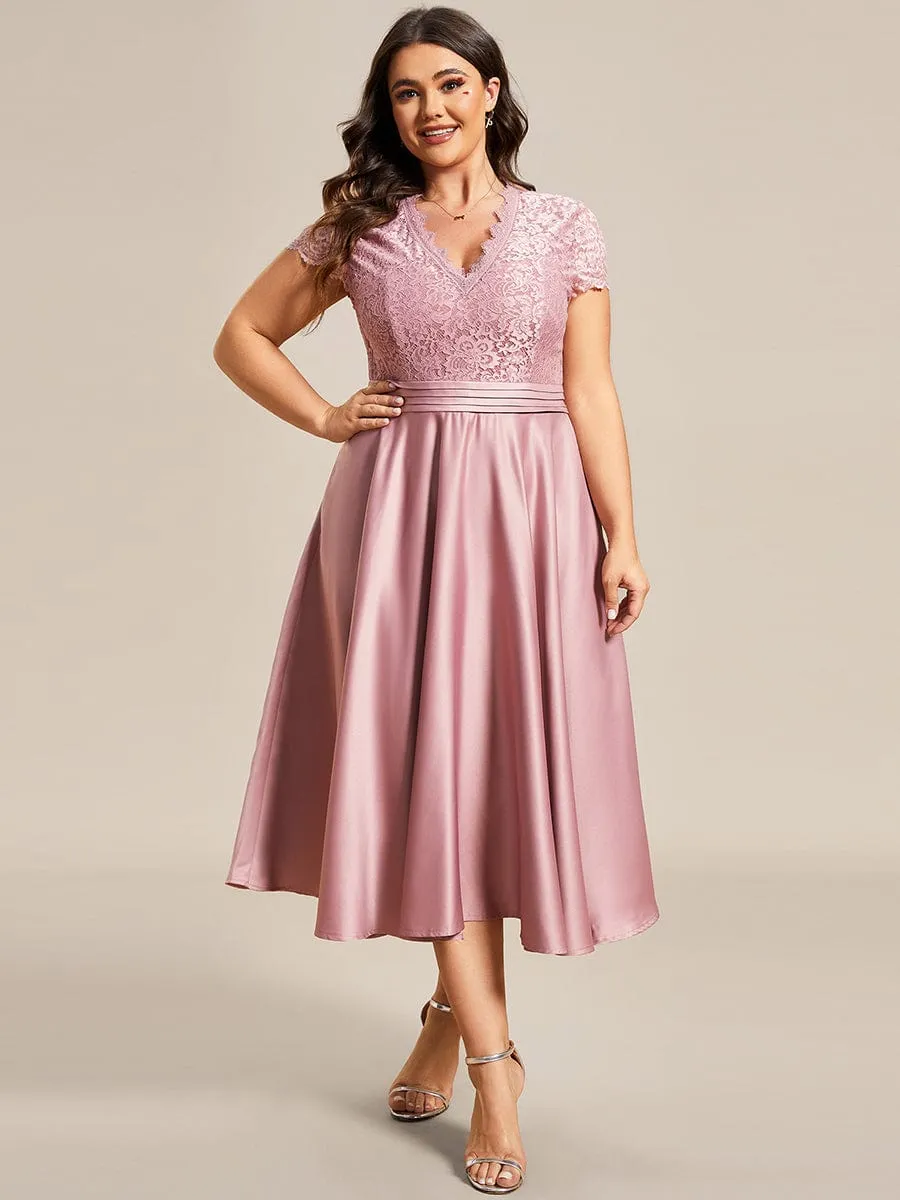 Custom Size V-neck Lace Bodice A-line Cocktail Dress with Sleeves