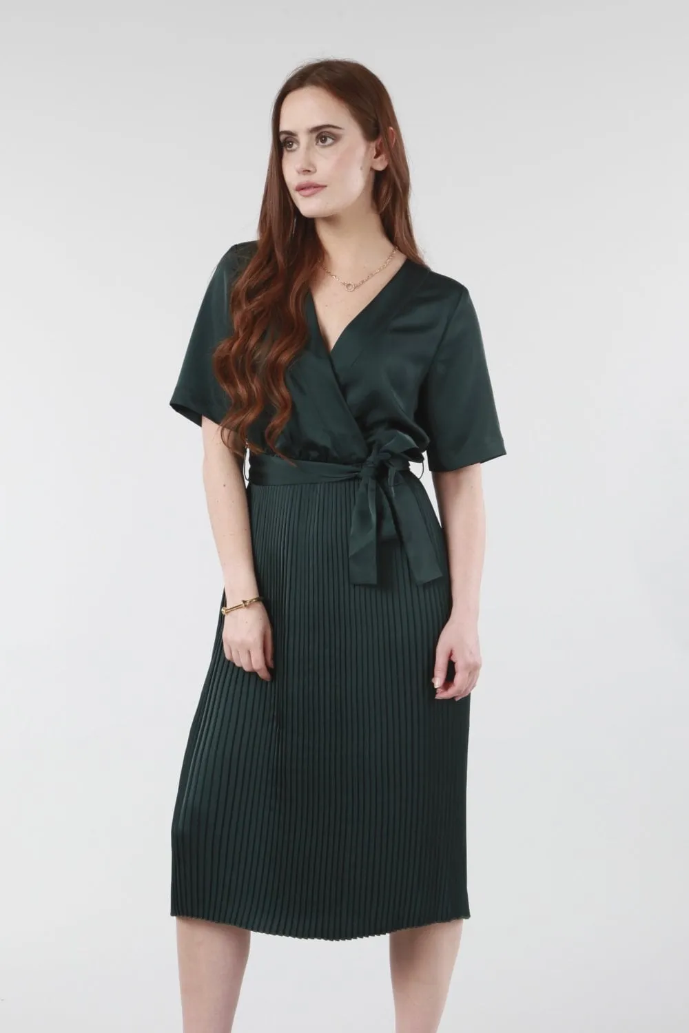 Double Second Satin Wrap Front Pleated Midi Dress