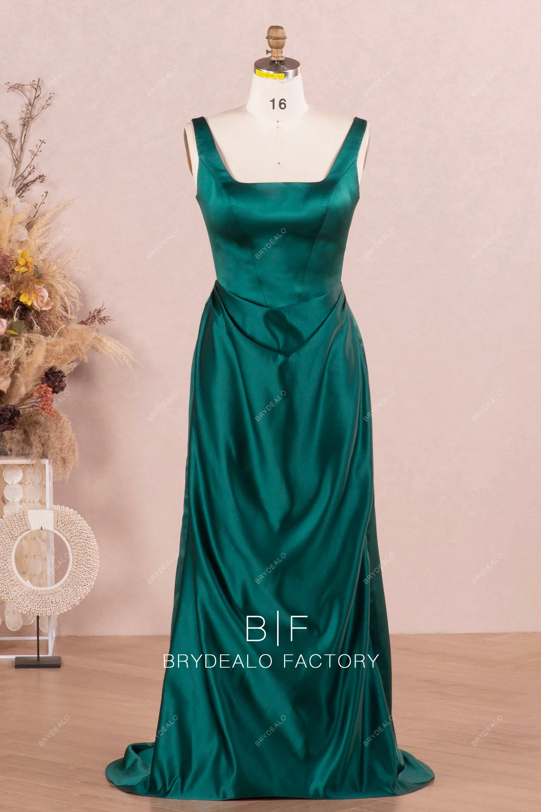 Elegant Square Neck Satin Ruched Sheath Prom Evening Dress