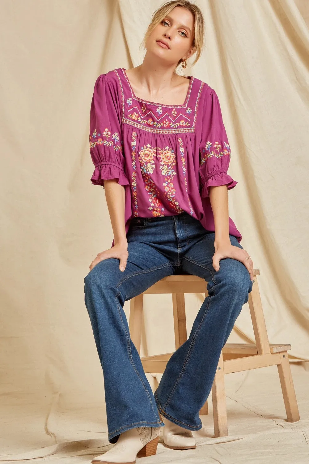 Embroidered Peasant Top, Magenta