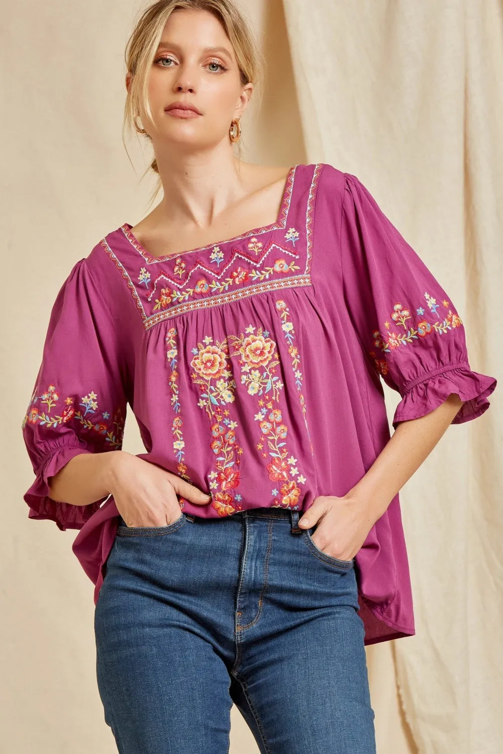 Embroidered Peasant Top, Magenta