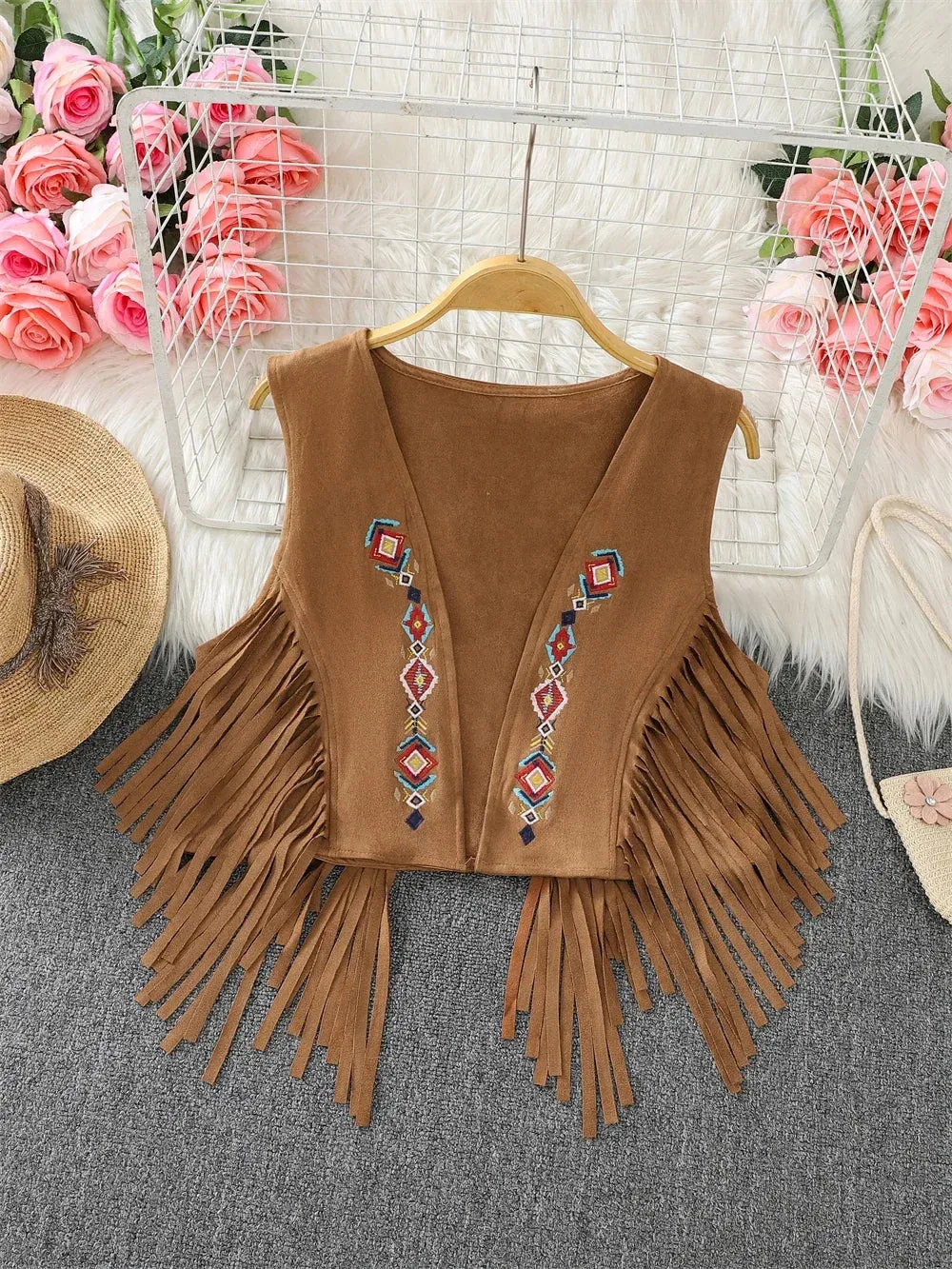 Ethnic Style Retro Tassel Camisole Vest Jacket Women Summer Unique Stylish Loose Fitting Layered Top Tank Top Cardigan Dropship