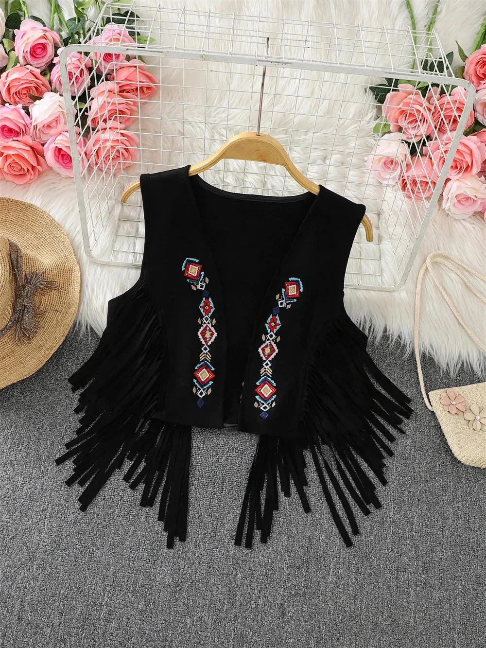 Ethnic Style Retro Tassel Camisole Vest Jacket Women Summer Unique Stylish Loose Fitting Layered Top Tank Top Cardigan Dropship