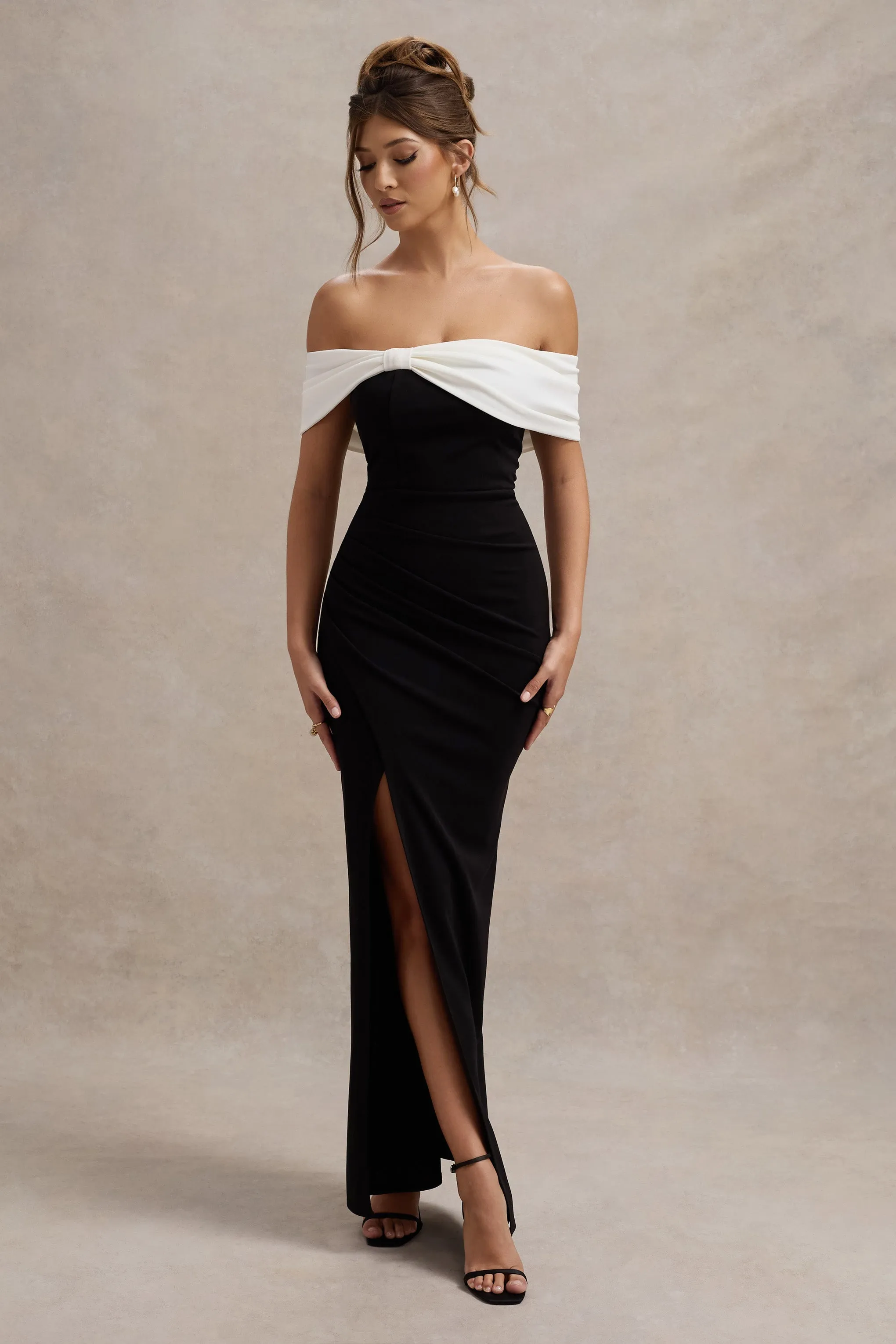 Eva | Black & White Bardot Bow Detail Maxi Dress With Thigh Split