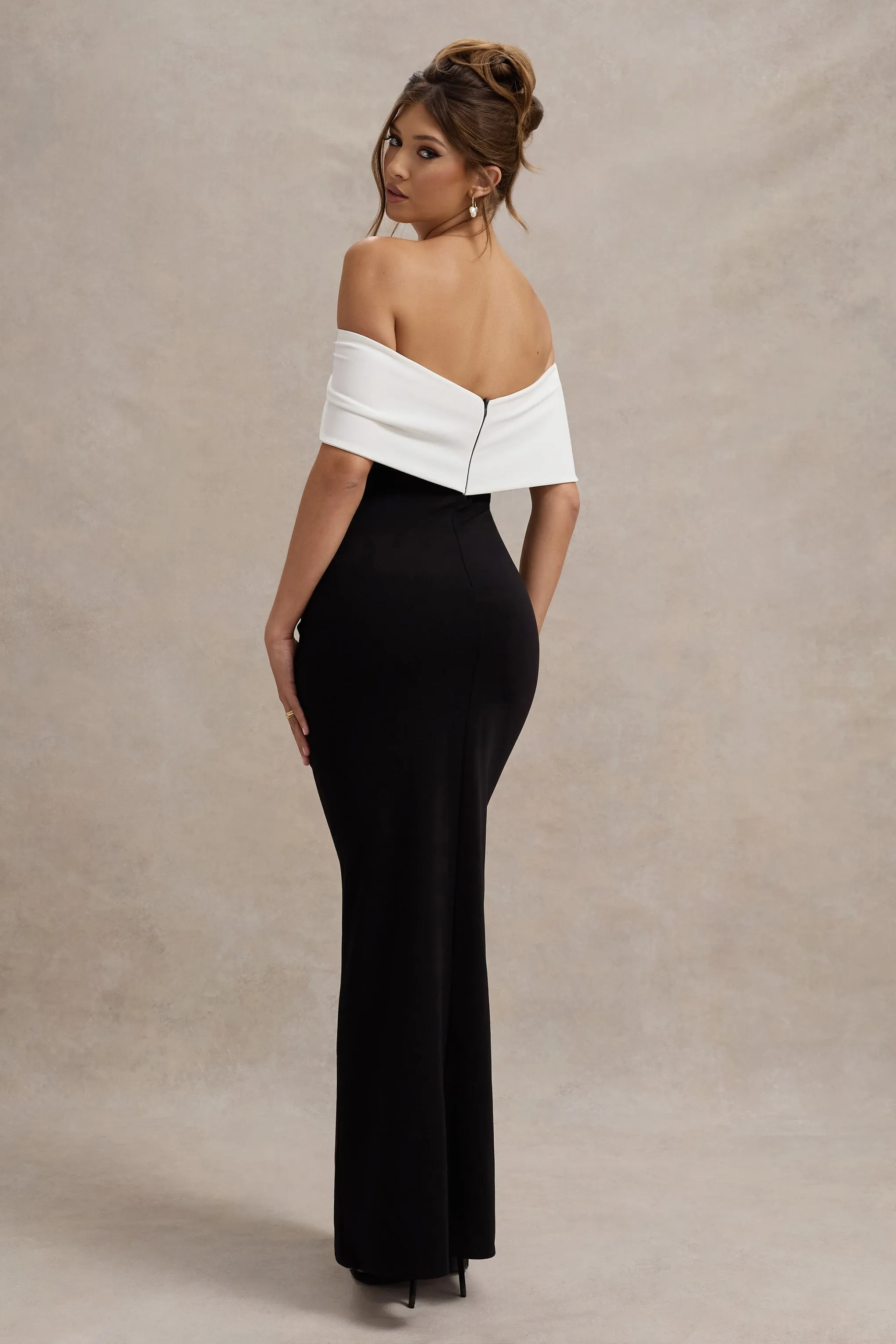 Eva | Black & White Bardot Bow Detail Maxi Dress With Thigh Split