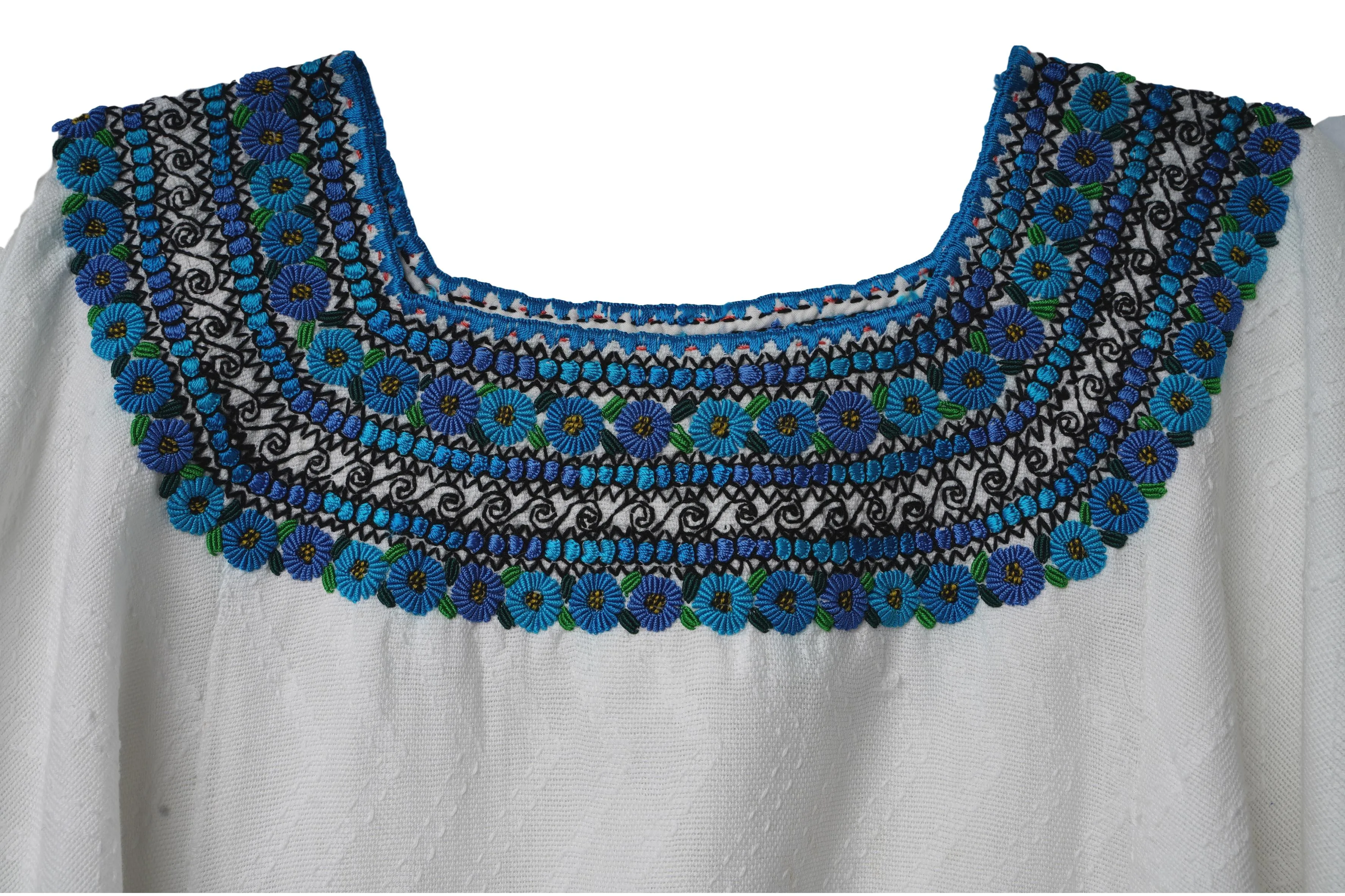 Evelyn Embroidered Guatemalan Top - White, Teal, Turquoise, & Black