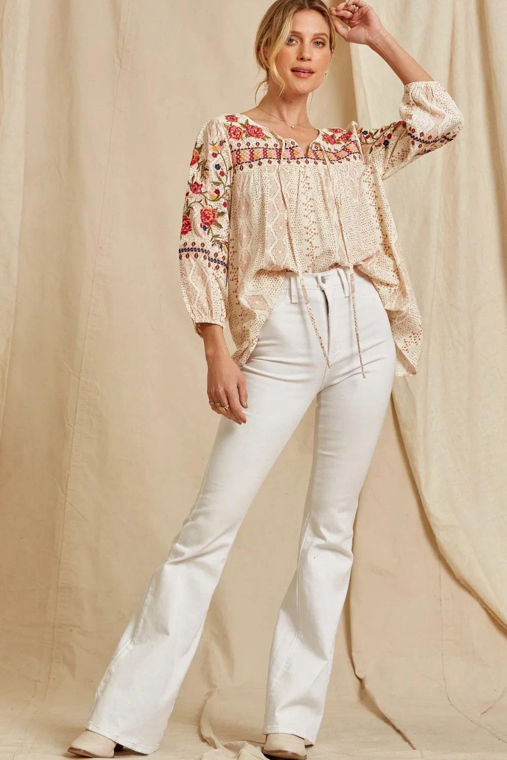 Floral Embroidered Babydoll Top, Cream Camel