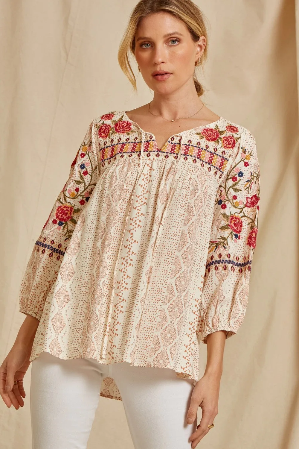 Floral Embroidered Babydoll Top, Cream Camel