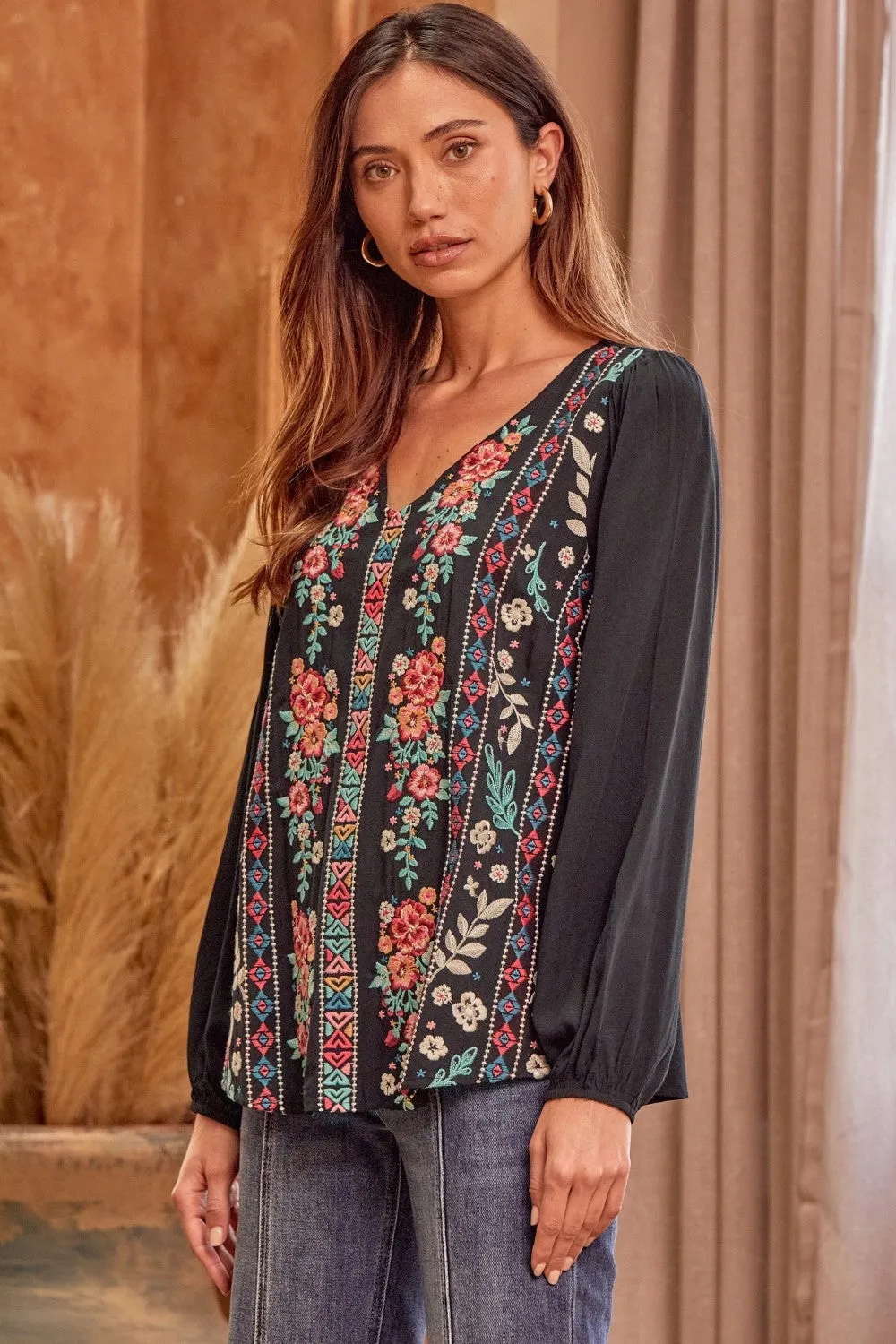 Floral Embroidered Blouse, Black