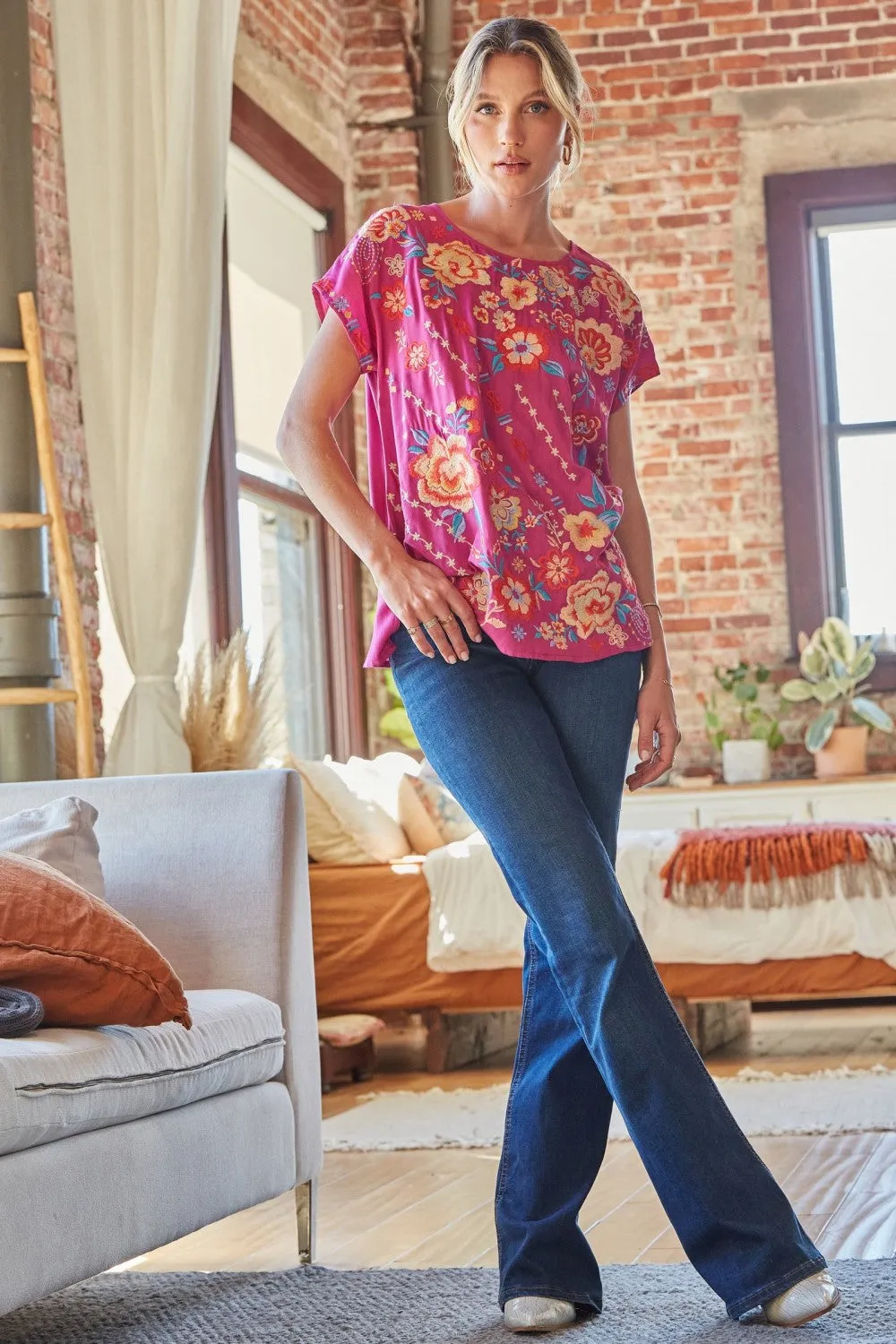 Floral Embroidered Dolman Sleeve Top, Magenta