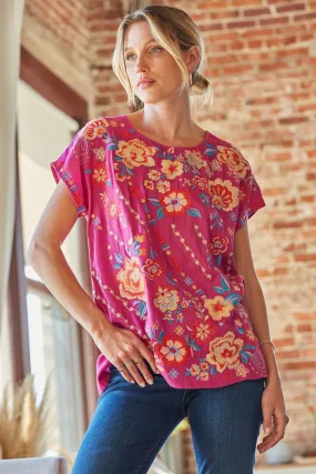 Floral Embroidered Dolman Sleeve Top, Magenta