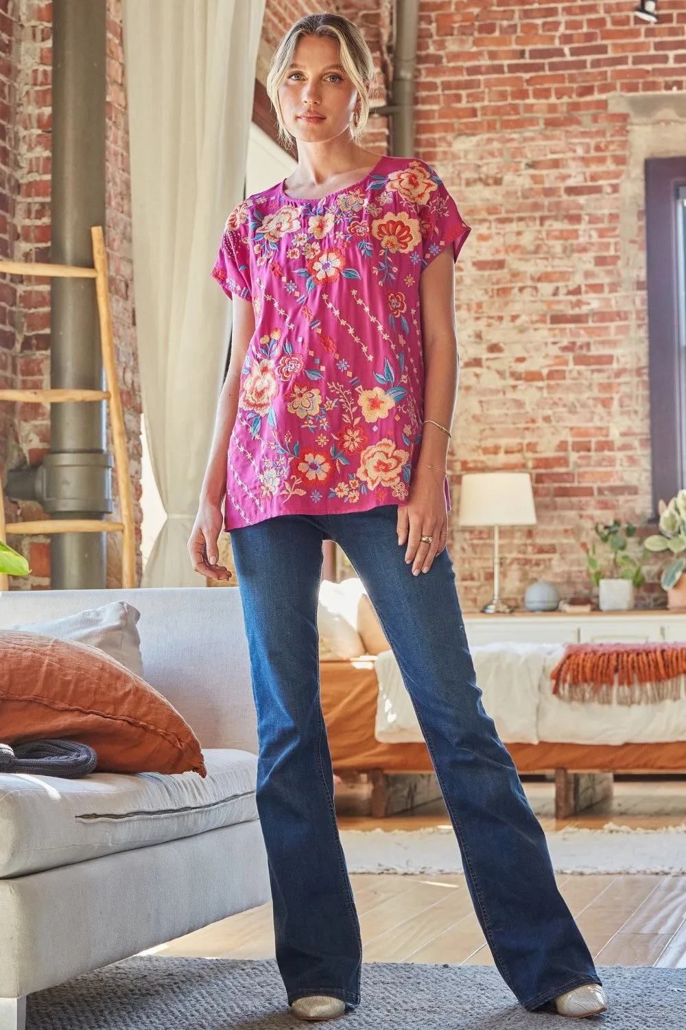 Floral Embroidered Dolman Sleeve Top, Magenta