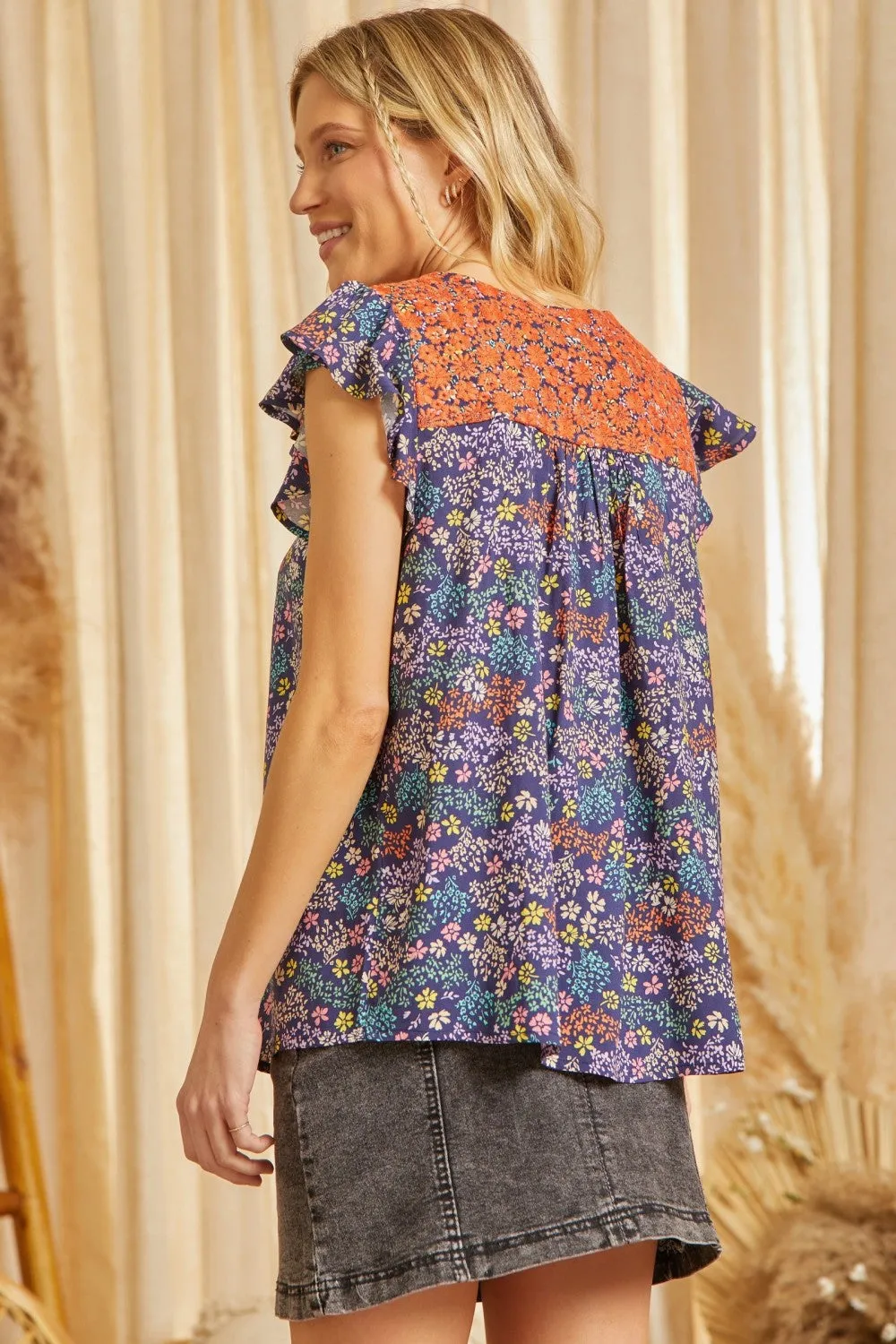 Floral Embroidered Flutter Sleeve Top