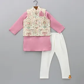 Floral Printed Thread Work Jacket With Rusty Red Kurta And Pyjama