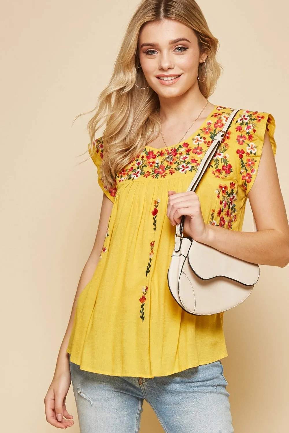 Flutter Sleeve Embroidered Top, Lemon