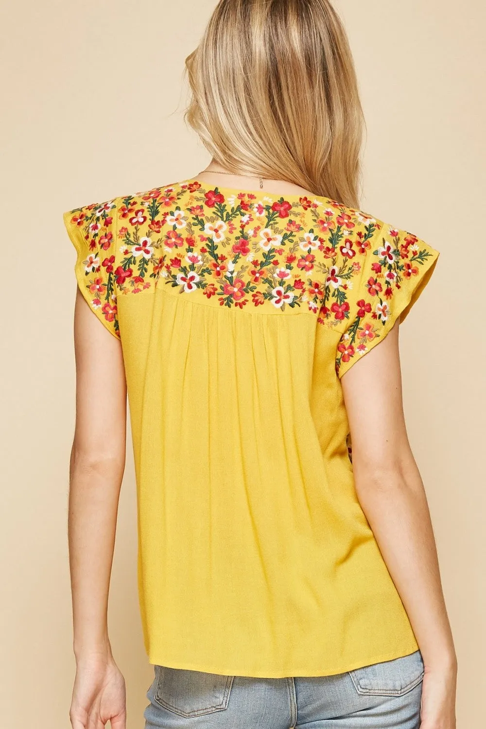 Flutter Sleeve Embroidered Top, Lemon