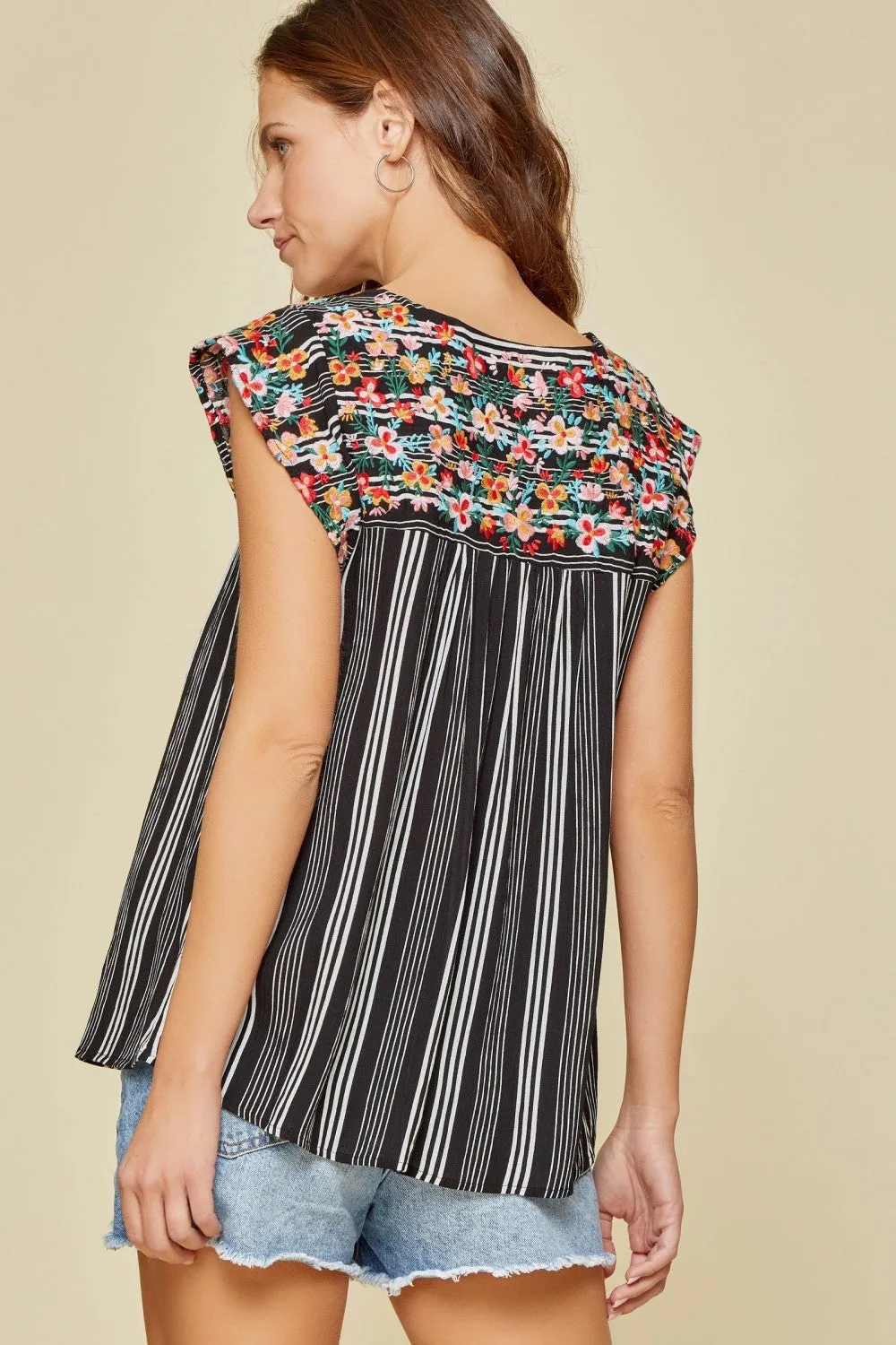 Flutter Sleeve Striped & Embroidered Top