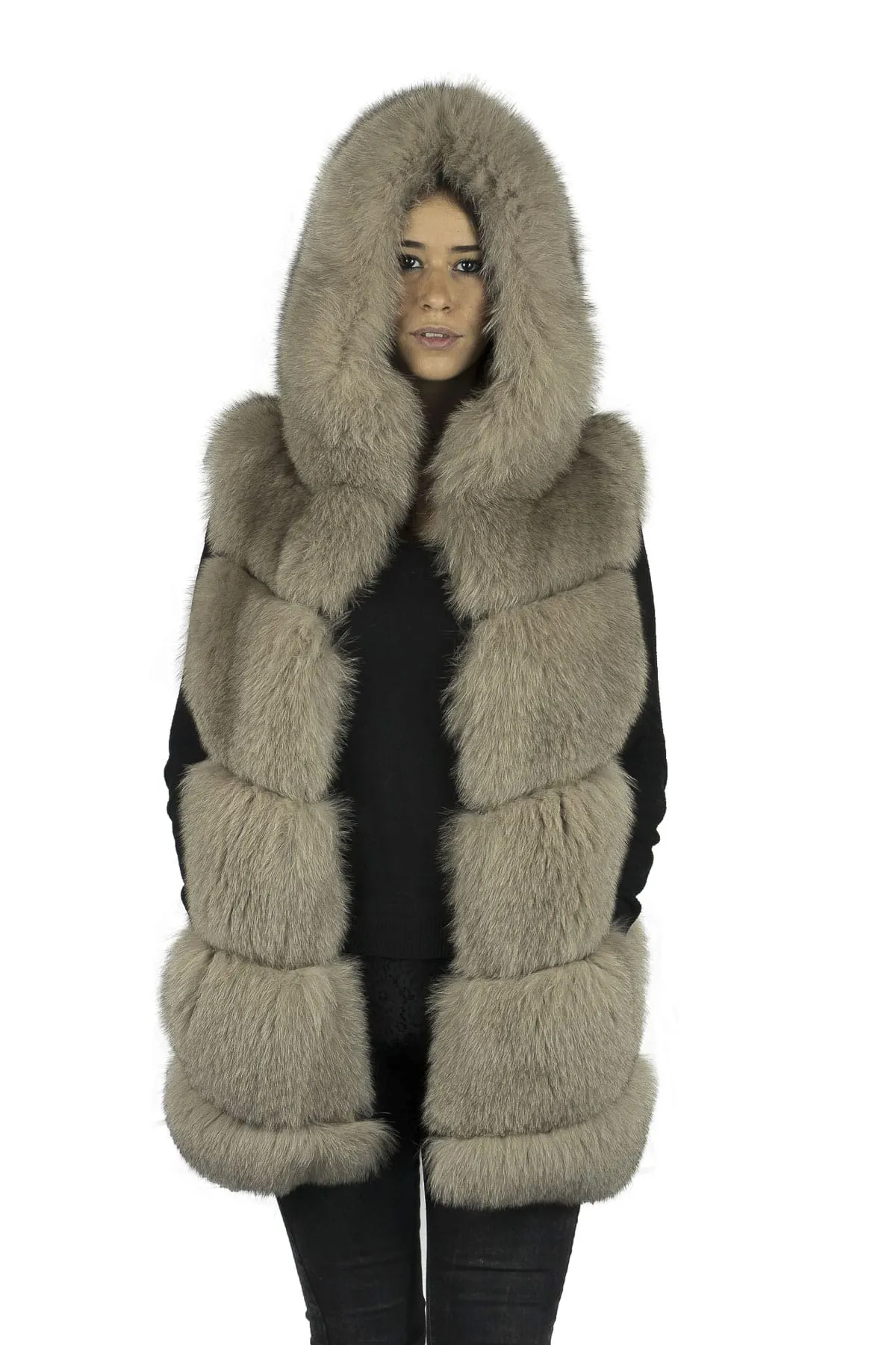 Fox Vest with Hood Beige