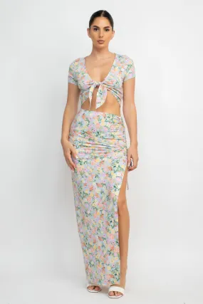 Front Knot Floral Top & Ruched Maxi Skirts Set