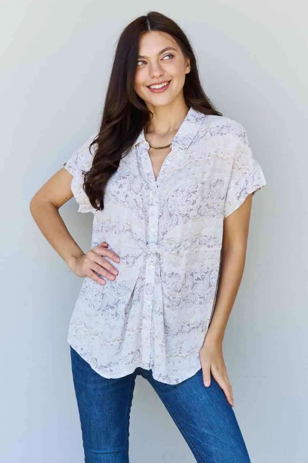 Full Size Floral Paisley Print Twist Tunic Top