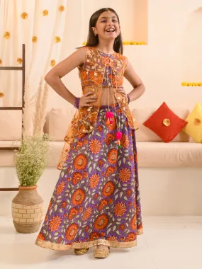 Girls Floral Printed Ready To Wear Lehenga Choli With Over Coat