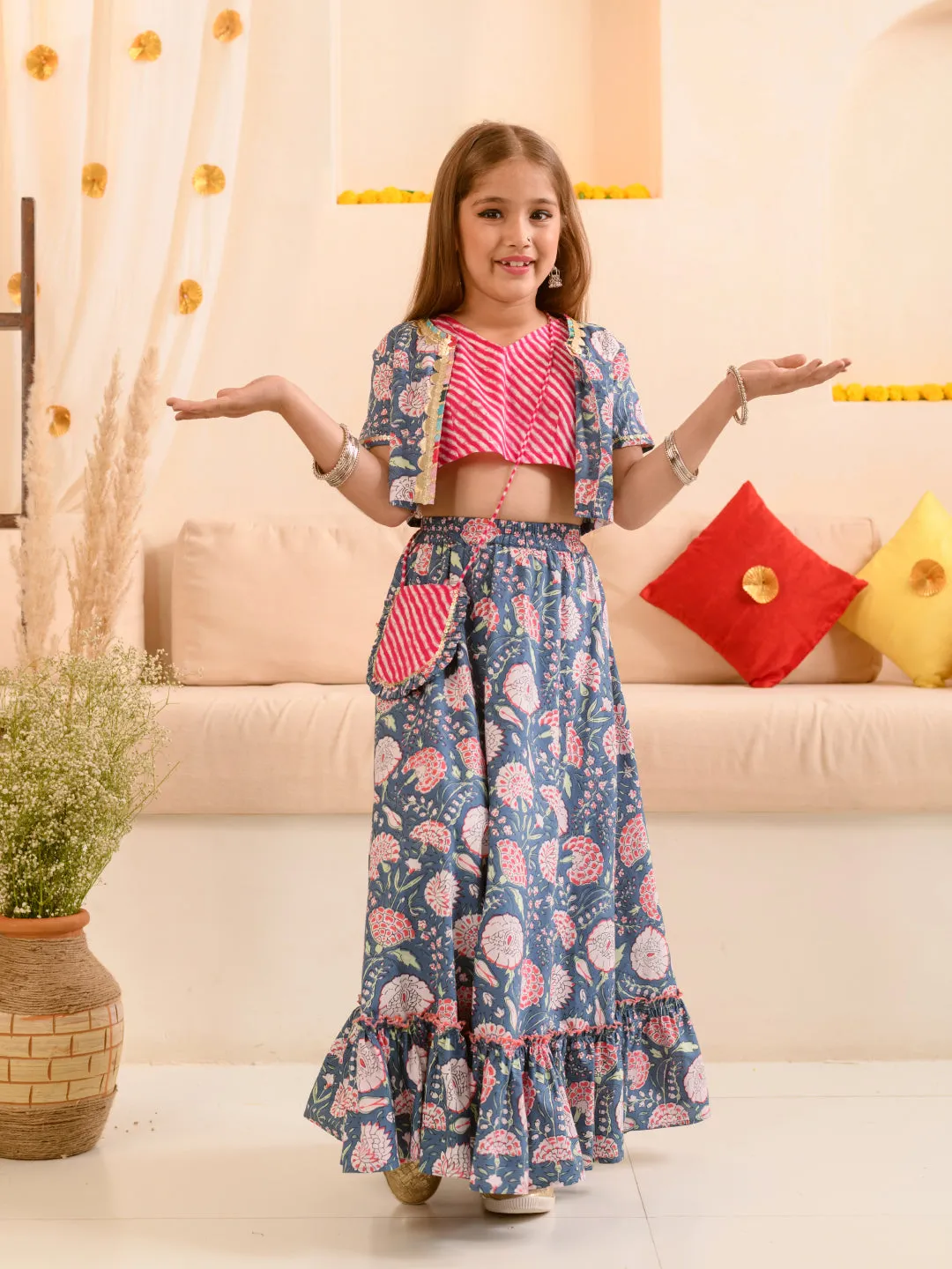 Girls Floral Printed Striped Ready To Wear Lehenga Choli With Waist Coat