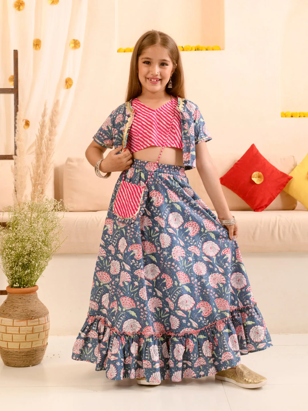 Girls Floral Printed Striped Ready To Wear Lehenga Choli With Waist Coat