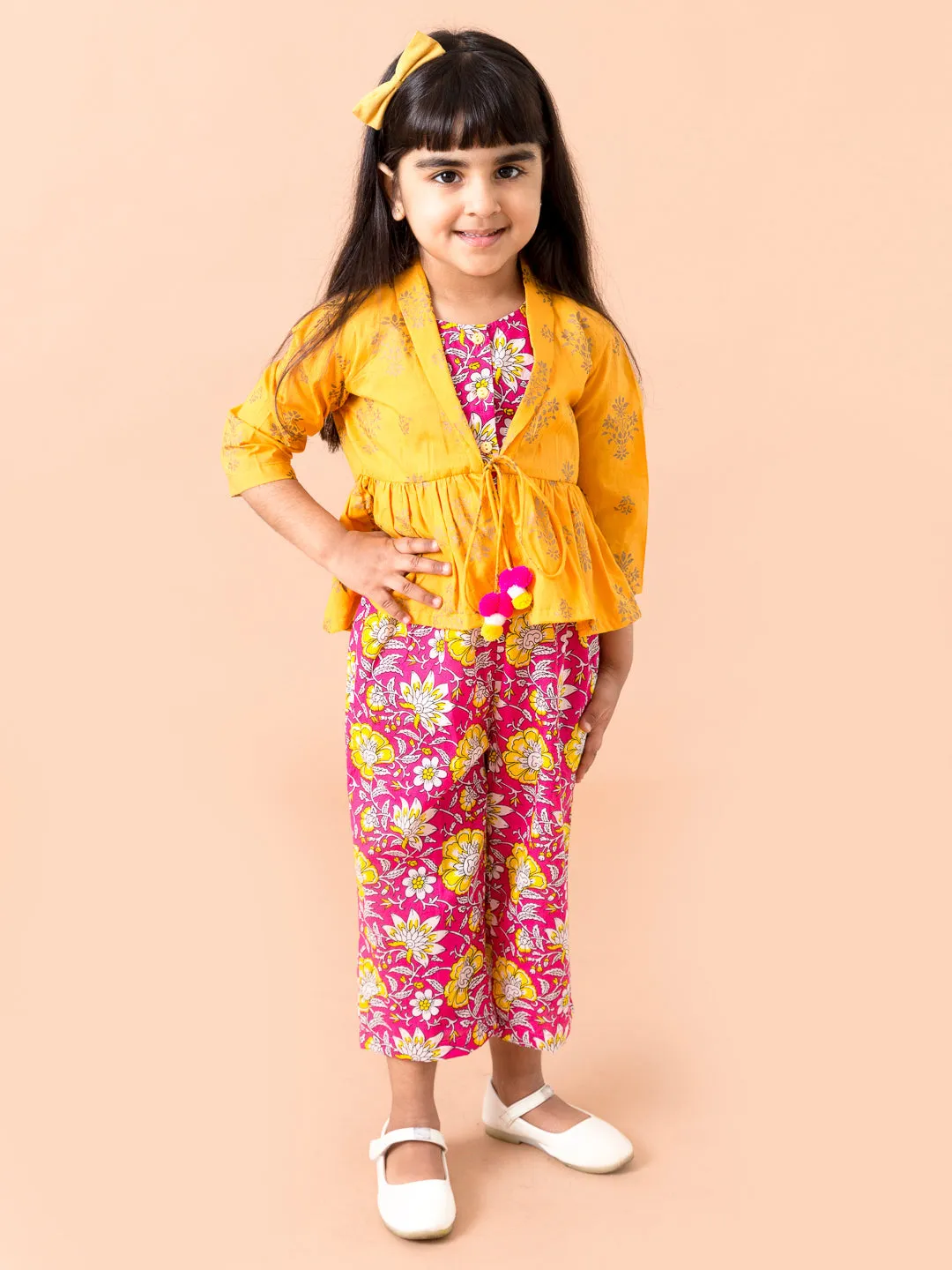 Girls Yellow Purple Printed Clothing Set With Coat