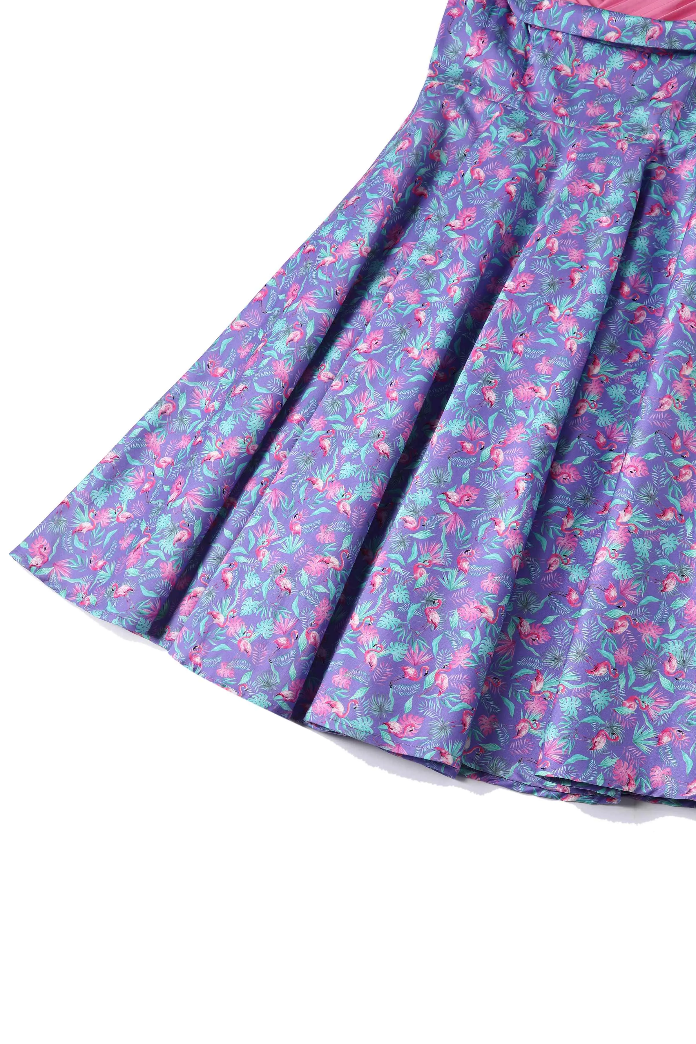 Grace Purple Pleated Dress in Flamingo Leaf Print