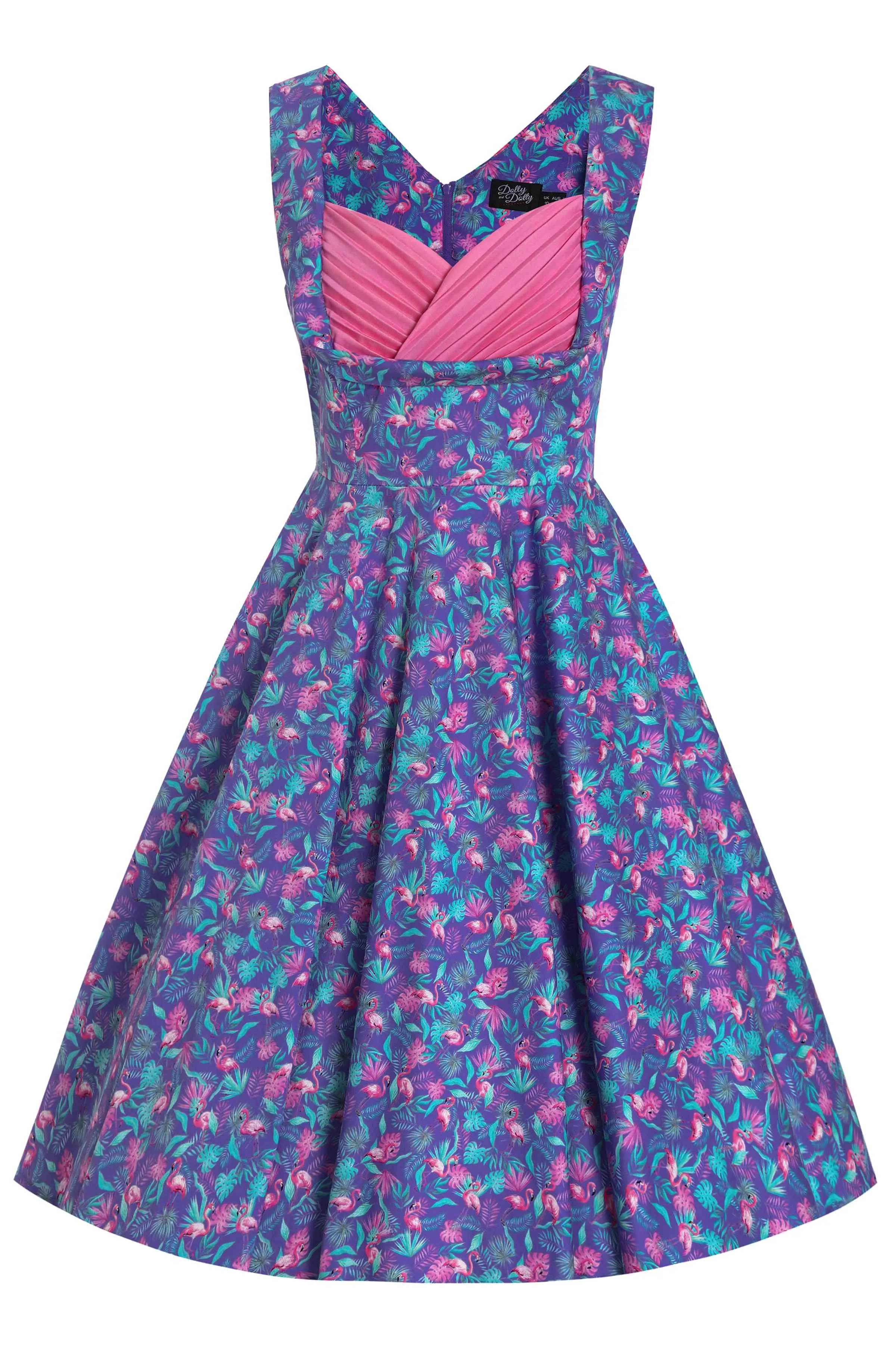 Grace Purple Pleated Dress in Flamingo Leaf Print