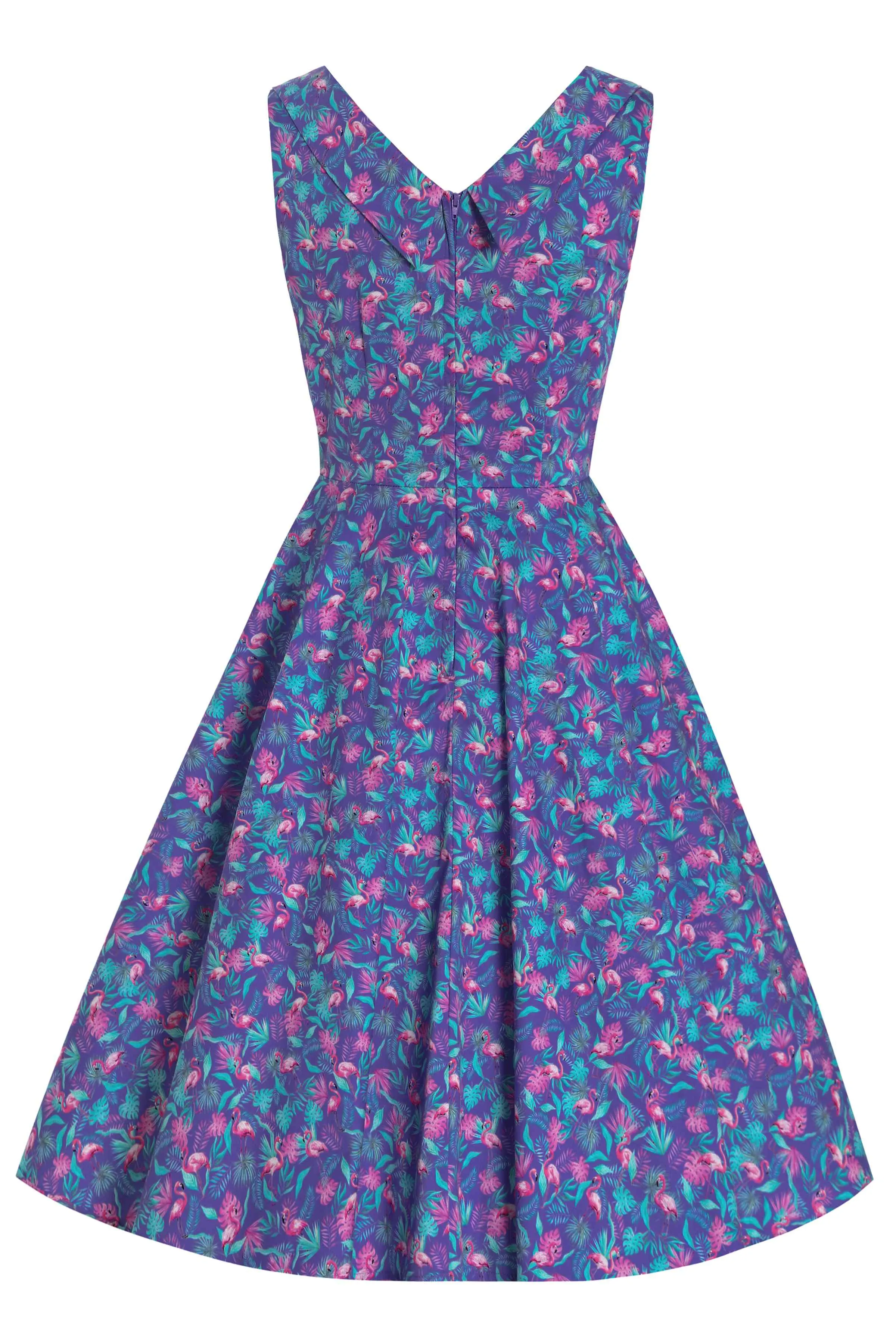 Grace Purple Pleated Dress in Flamingo Leaf Print