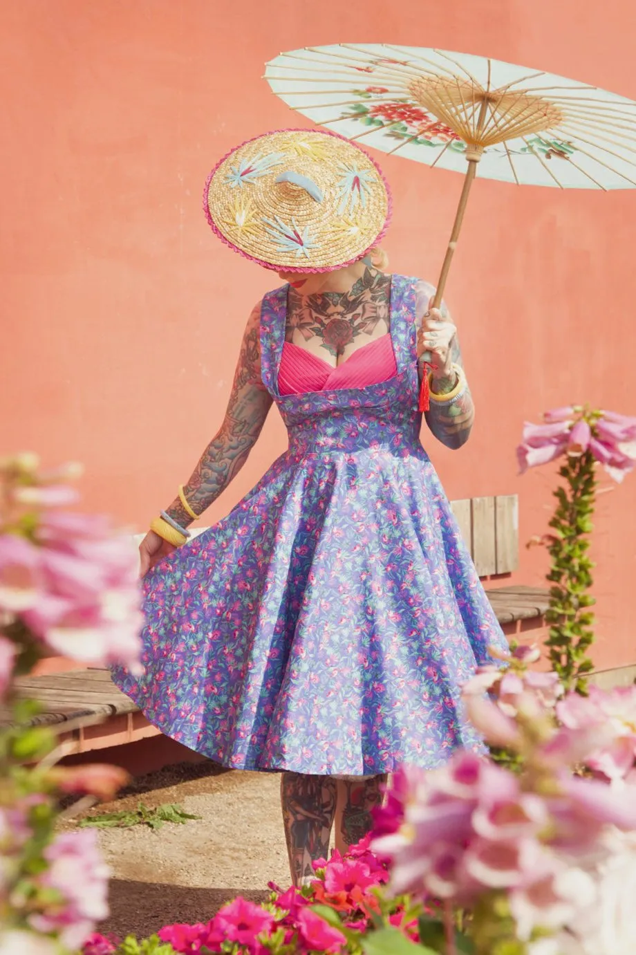 Grace Purple Pleated Dress in Flamingo Leaf Print