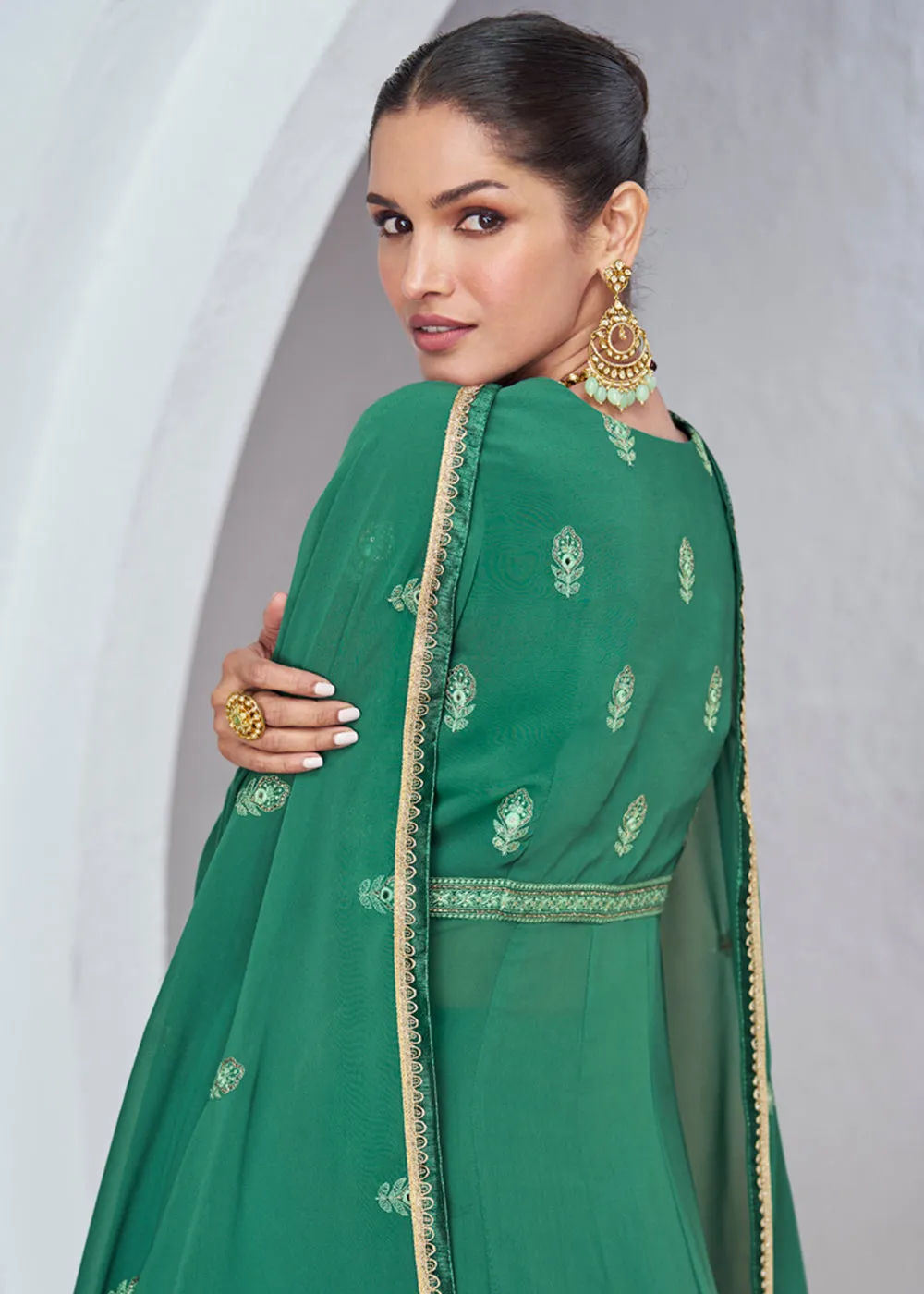 Green Front Slit Embroidered Lehenga Skirt Suit